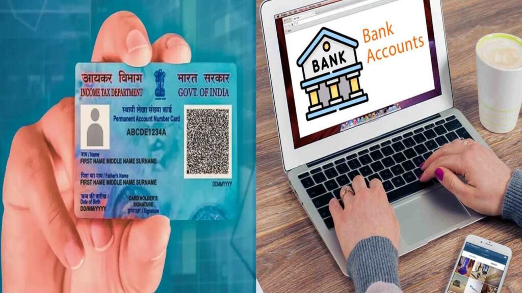 Person submitting PAN card documents at a bank counter for account linking.