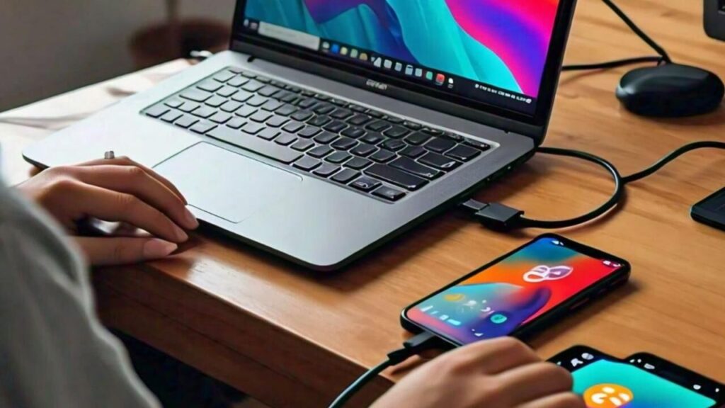 Power bank charging a phone, showcasing a portable and safe alternative to laptop charging.