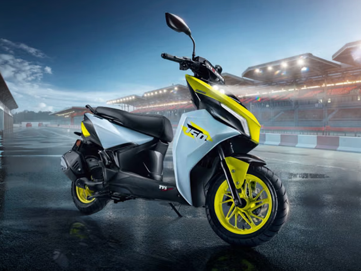 TVS Ntorq 150 scooter front view showcasing LED headlights and DRLs