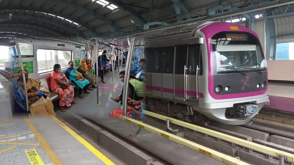 Bengaluru Namma Metro train with passengers waiting on platform amid fare hike discussions
